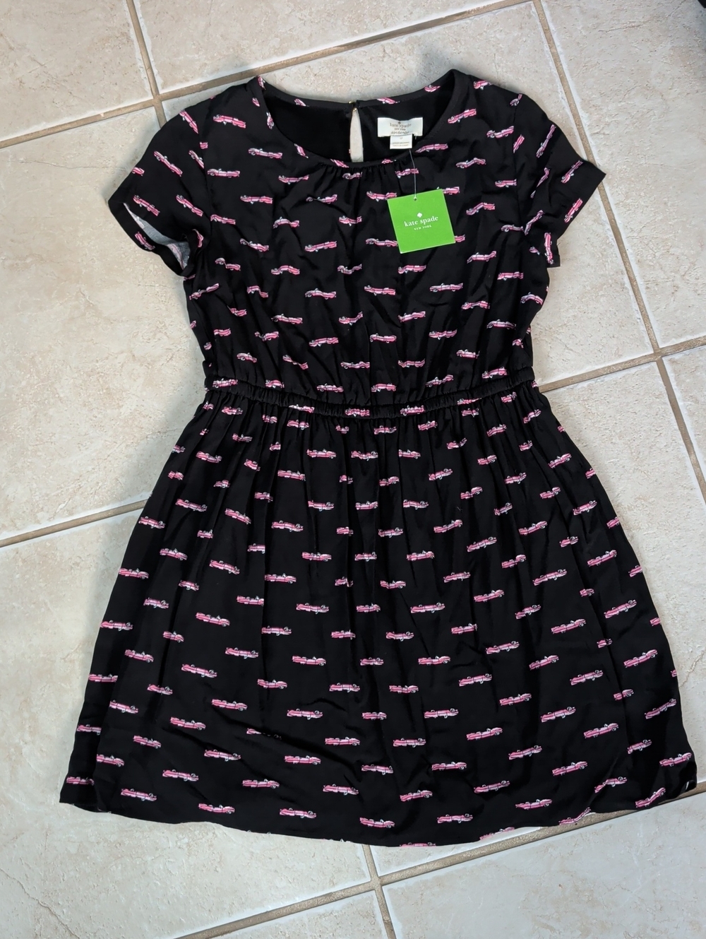 kate spade Black Dress with Pink Car Print Girls Size 12 NWT